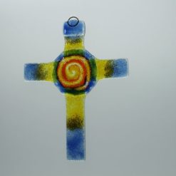 Glasbild Glaskreuz Spirale blau orange 2