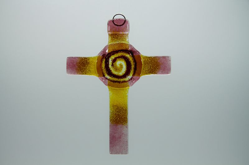 Glasbild Glaskreuz Spirale rose gelb 1